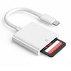 Lector de tarjeta SD universal blanca con cable flexible y ranura para tarjeta SD.