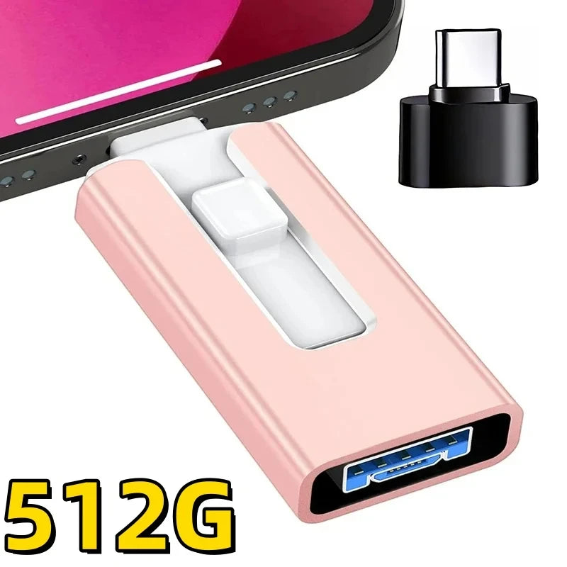 Adaptateur de clé USB rose avec connecteur argenté et boîtier noir, à côté d'un smartphone.
