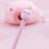 A pink cute cartoon cat-shaped gel pen with a green detail, set against a light pink background.