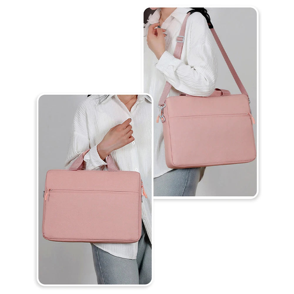 A woman is shown carrying a pink premium laptop sleeve for notebooks on her shoulder.