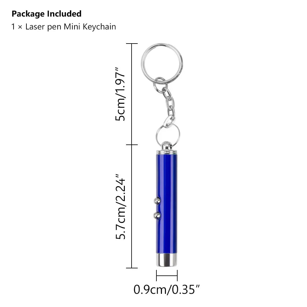 Pluma láser mini llavero azul y blanco con anillo y clip de plata.