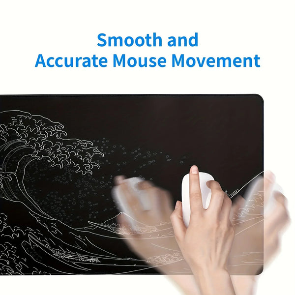 A hand is using a black mouse pad with white mouse movement lines on it.