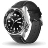 A black leather watch band with a silver watch face and quick release pins.