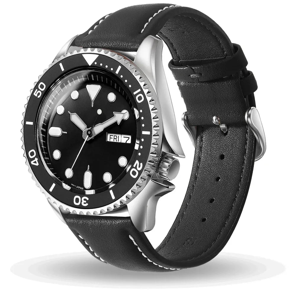 A black leather watch band with a silver watch face and quick release pins.
