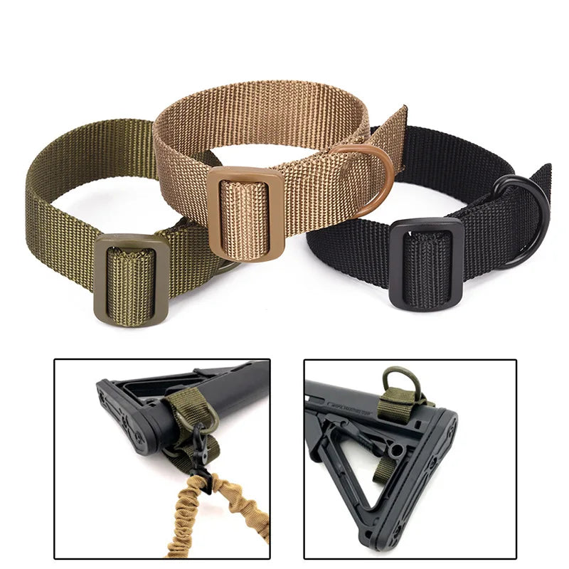 A set of adjustable tactical sling adapters in tan and black for rifle stocks.