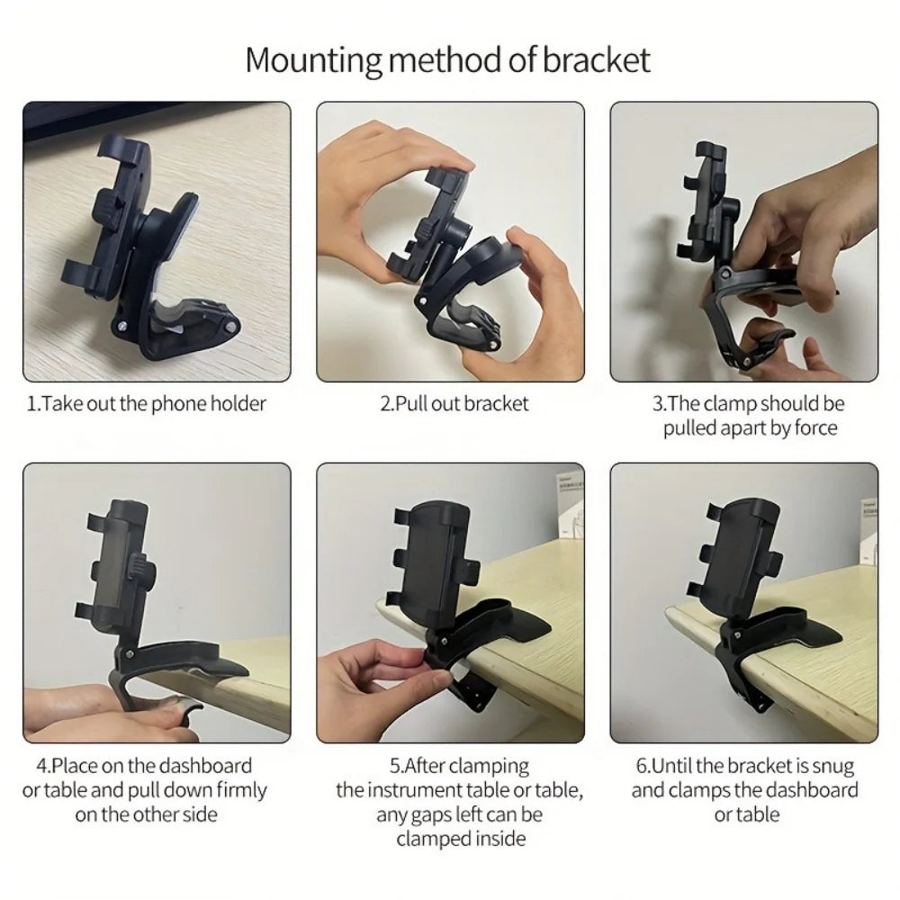 Instructions showing how to mount and clamp a bracket for a 360° universal car phone mount.