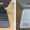 Comparaison d'un clavier flottant magnétique anglais et français noir à côté d'un blanc anglais et arabe