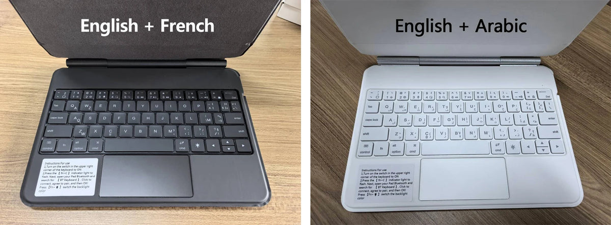 Comparaison d'un clavier flottant magnétique anglais et français noir à côté d'un blanc anglais et arabe