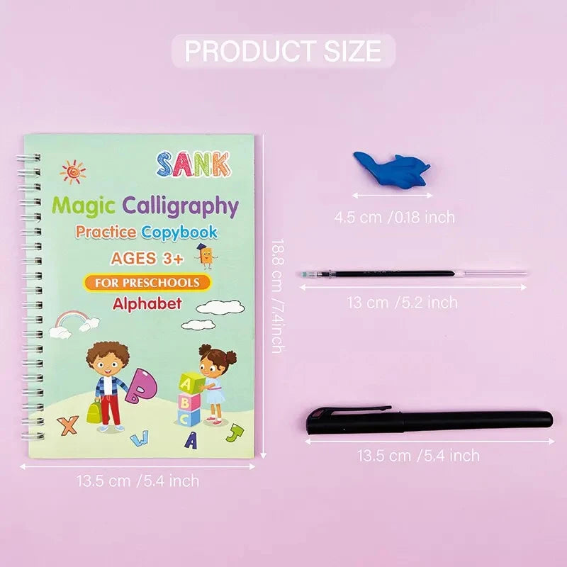 Cuaderno de práctica de caligrafía verde con alfabeto, pluma de caligrafía negra y silueta azul.