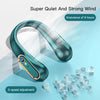 A teal bladeless neck fan is shown with ice cubes, highlighting its quiet operation and 9-hour endurance.