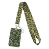 A green and brown camouflage fabric lanyard with a rectangular tag attached.