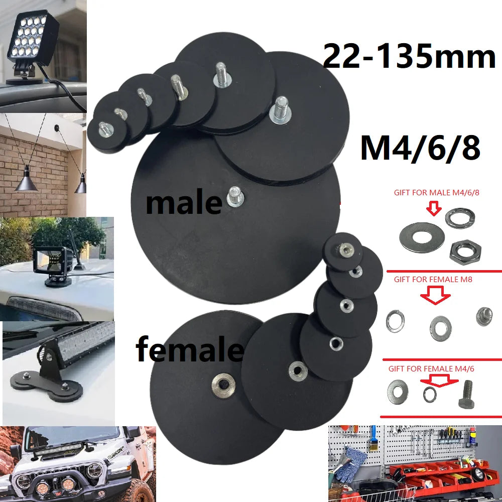 Set of male and female magnetic base mount brackets for LED lights in black