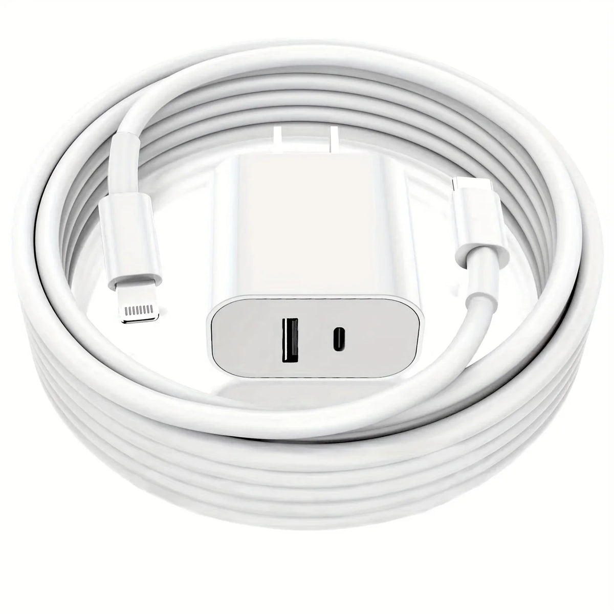 A white 40W dual port USB-C fast charger with a 6ft Lightning cable coiled inside its protective casing.