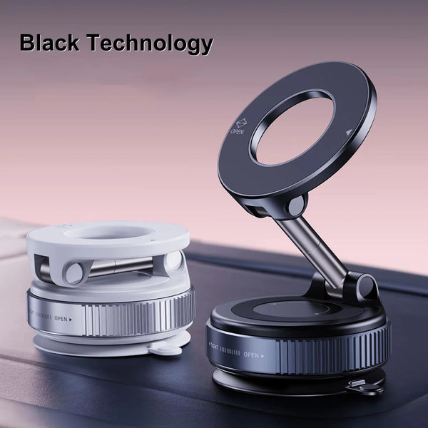 A black magnetic car phone holder is shown with a white adapter, demonstrating 360° adjustable functionality.