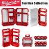 Milwaukee Tool Box Collection featuring various red and silver impact driver accessory storage cases.