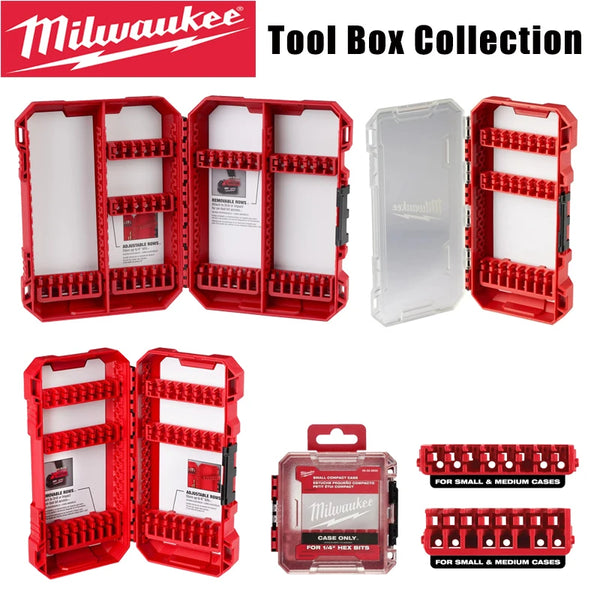 Milwaukee Tool Box Collection featuring various red and silver impact driver accessory storage cases.