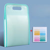A clear, light mint green accordion file organizer with a handle and color palette swatch shown next to it.
