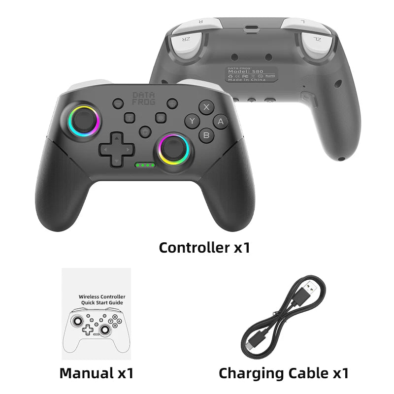 A black programmable controller for the Nintendo Switch shown with its manual and charging cable.