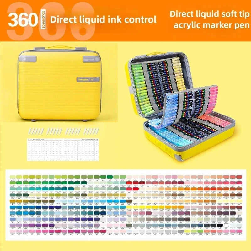 A yellow liquid ink art marker pen set in a carrying case with various colored tips displayed.