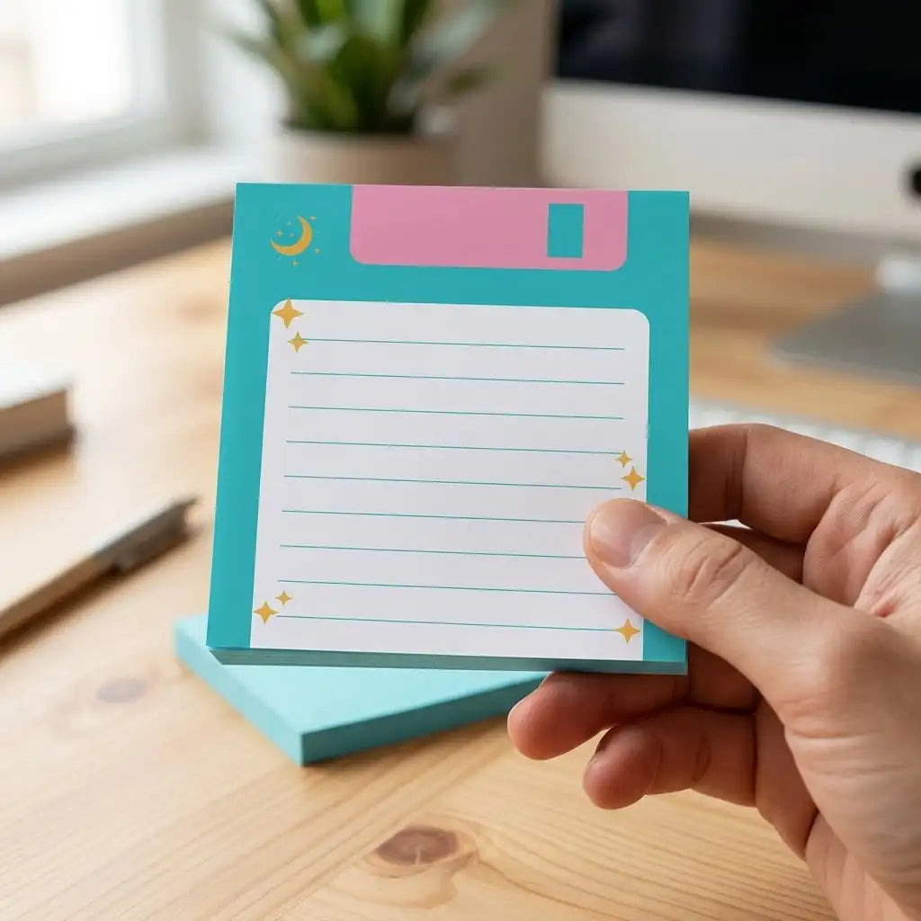 A hand holds a teal sticky note with a pink header and white lined space, featuring a cosmic moon design.