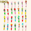 A collection of 15 multicolor kawaii ballpoint pens in various shapes and colors.