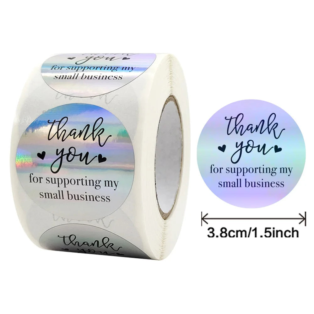 Roll of rainbow laser thank you stickers for supporting a small business