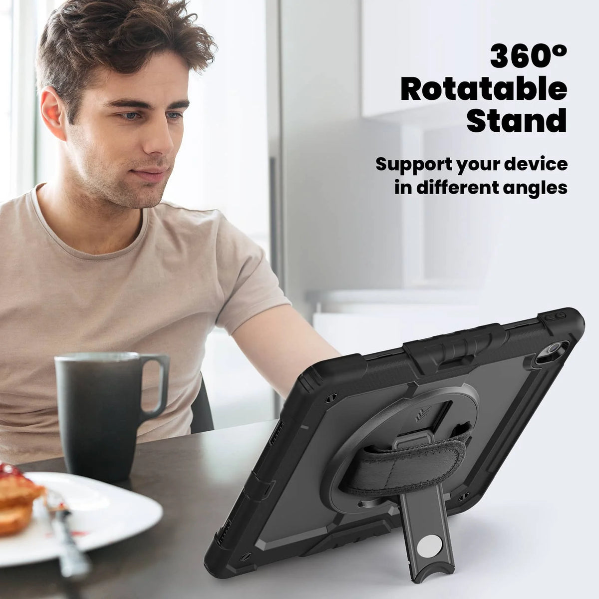 A man is using a heavy duty shockproof iPad case with a built-in kickstand on a table.