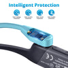 A close-up view of a blue fast charging cable with intelligent protection features on a black device.