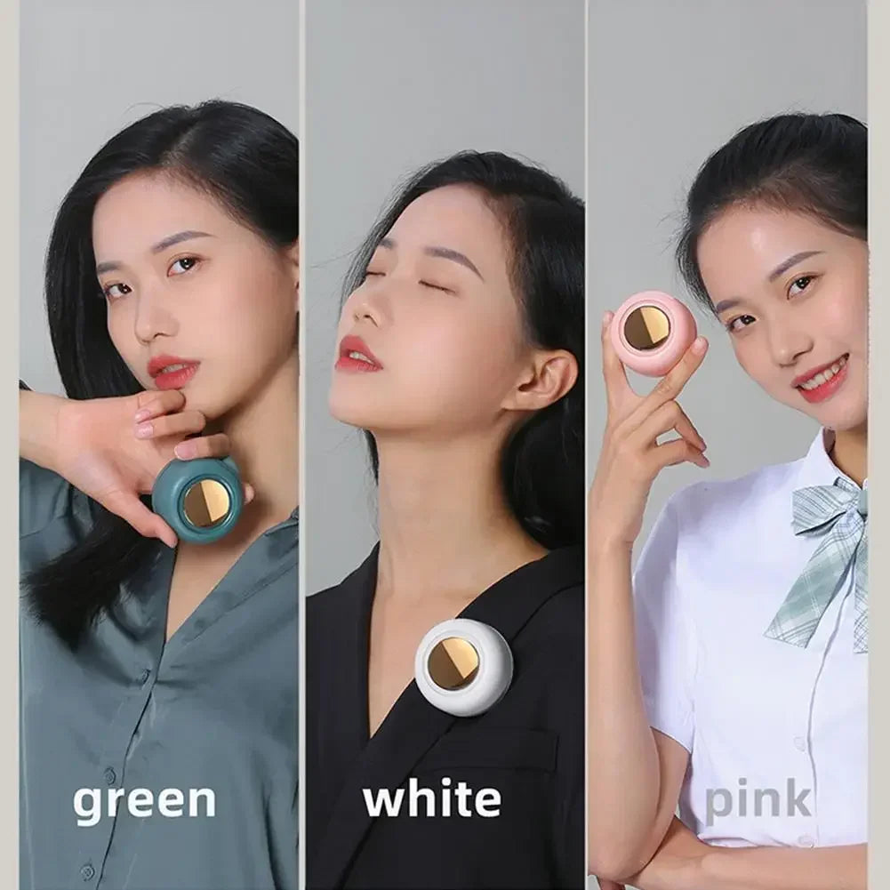 Three variations of a portable mini blade-less electric fan in green, white, and pink.