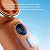 A close-up view of a portable handheld cooling fan in a rose gold color with an adjustable speed setting display.