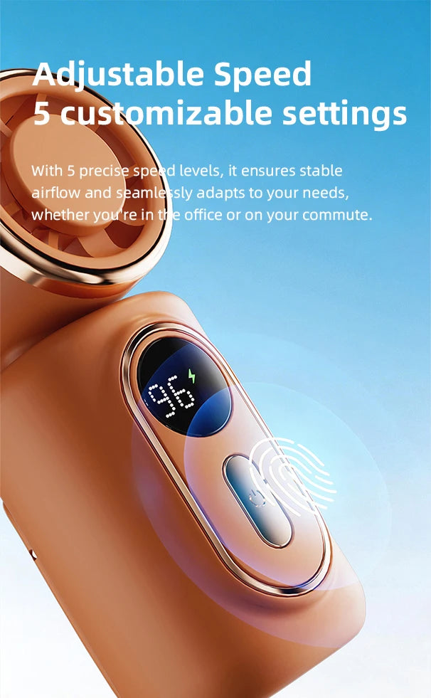 A close-up view of a portable handheld cooling fan in a rose gold color with an adjustable speed setting display.
