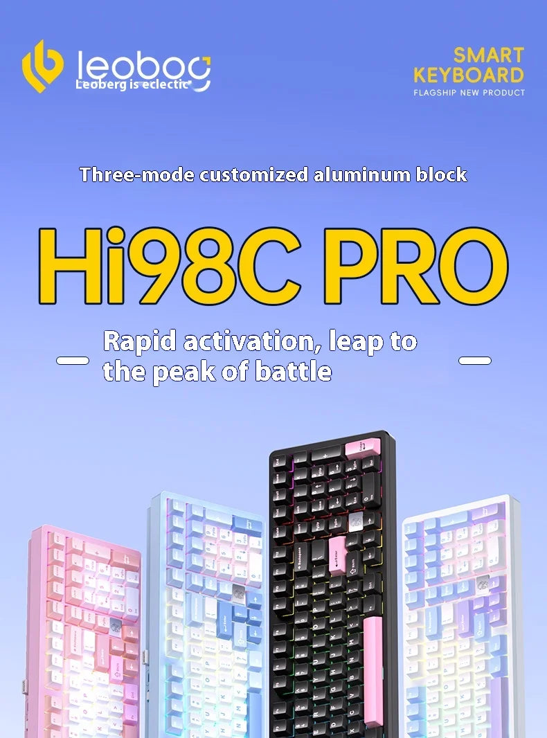 Close-up view of the Hi98C PRO aluminum block keyboard with various color variations.