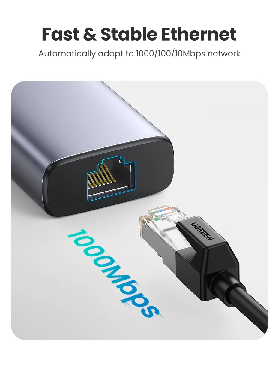 محول USB-C أسود مع منفذ إيثرنت بجوار محول UGREEN، يوضح اتصال إيثرنت سريع ومستقر
