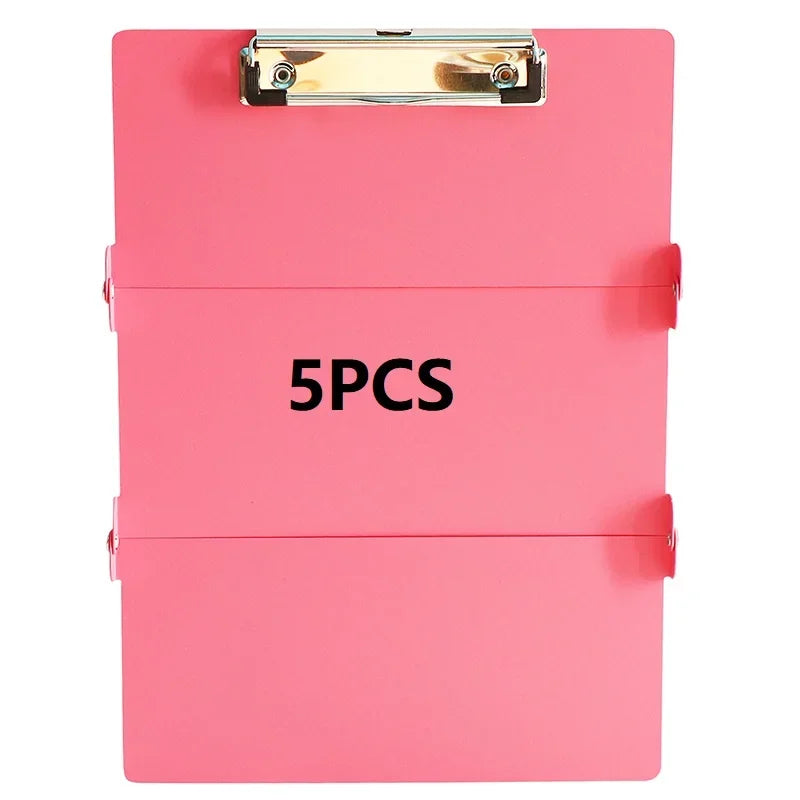 A pink A4 foldable medical clipboard with a silver clasp and the text 5PCS visible on the surface.