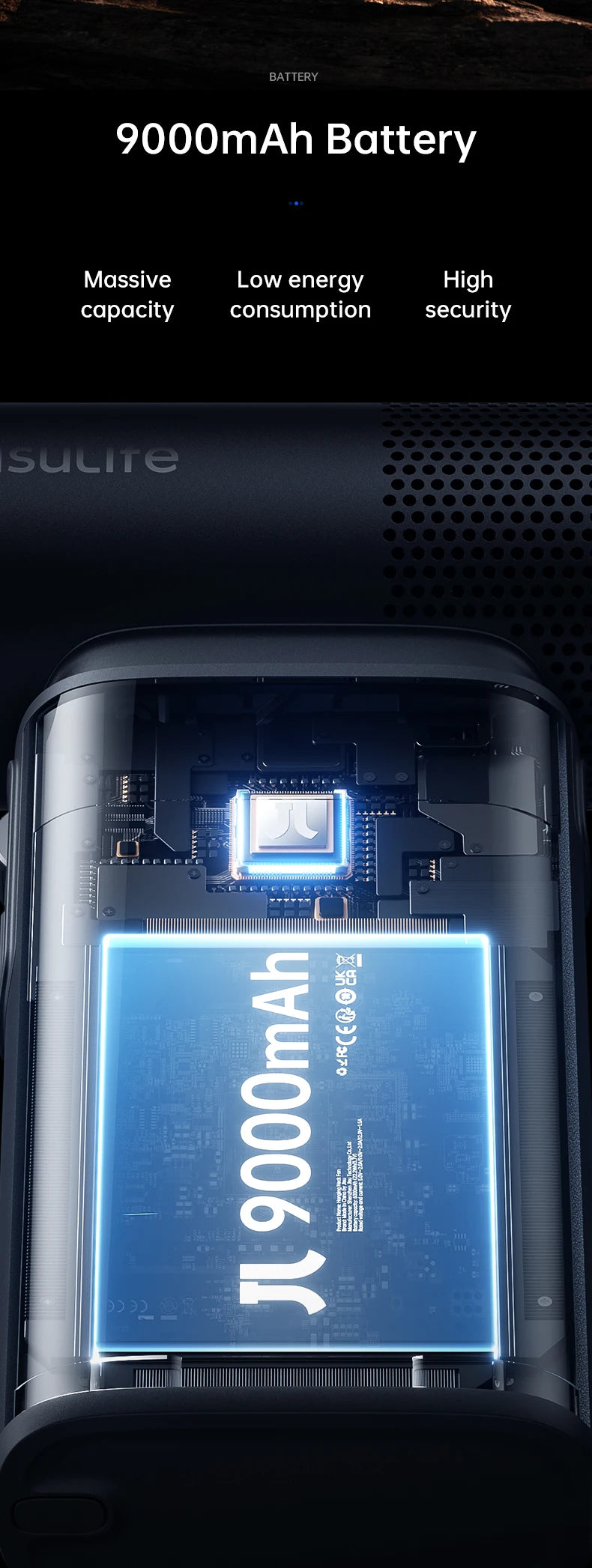 Close-up of a handheld device showing a 9000mAh battery display and technical components.