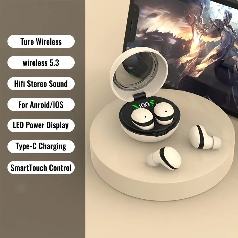 White wireless earbuds displayed on a charging case next to a tablet screen.