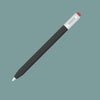 A black stylus pen with a white protective cover and a red tip, viewed diagonally against a muted green background.