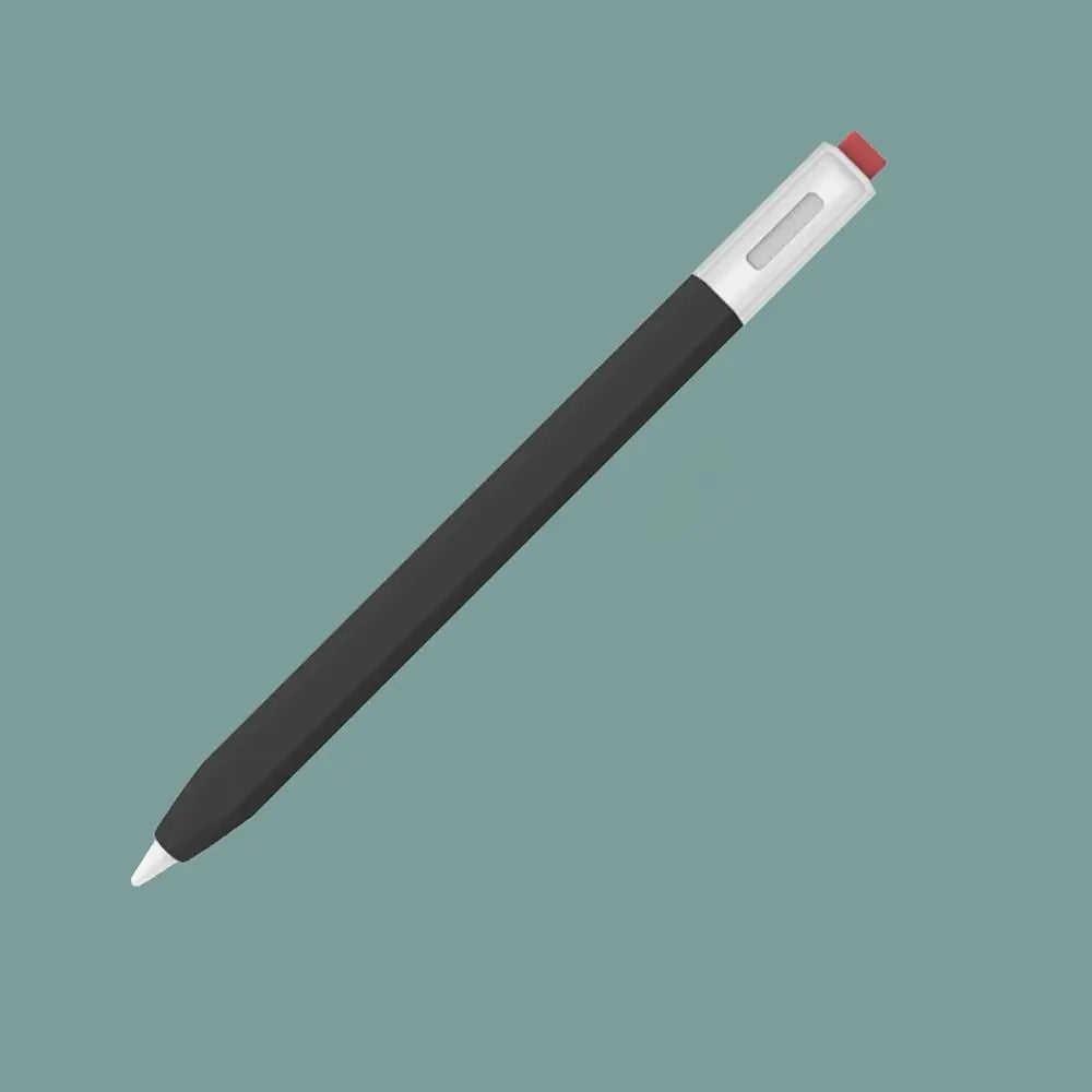 A black stylus pen with a white protective cover and a red tip, viewed diagonally against a muted green background.