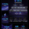 A 6-in-1 USB-C hub showing connectivity options including a 4K@60Hz display, 100W PD charging, and 10Gbps data transfer.