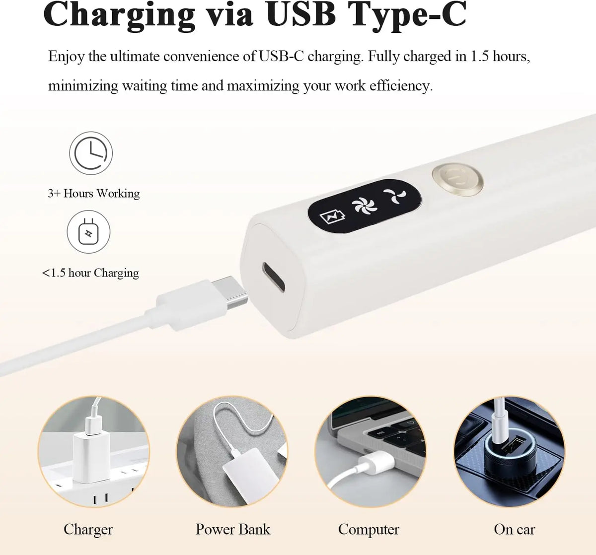 A white USB Type-C charging cable connects an electric diamond painting pen to a power bank, computer, or car charger.