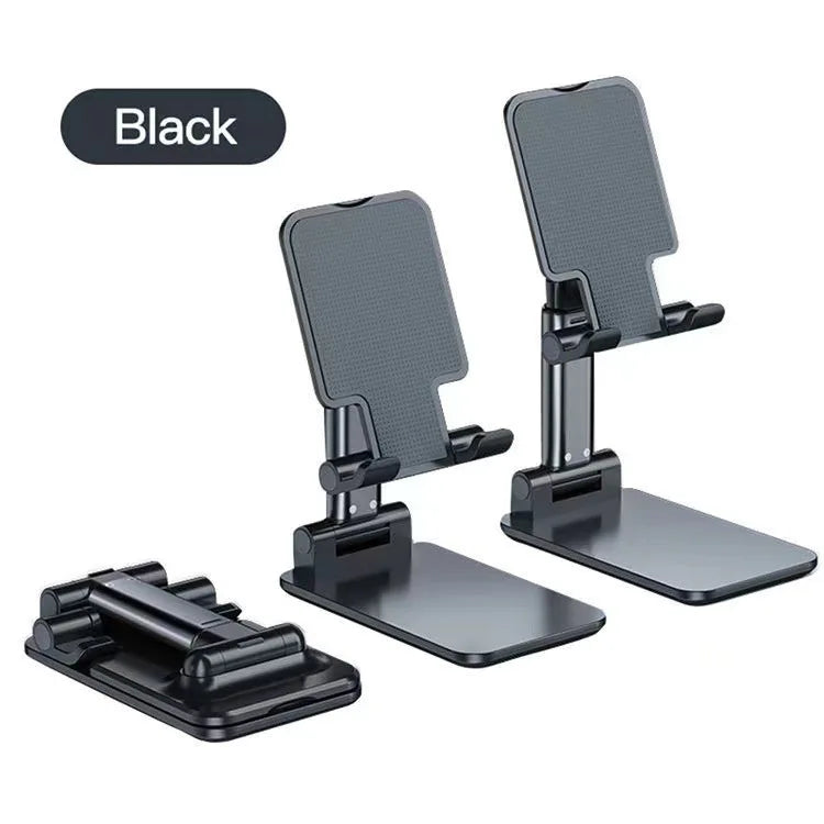 Black foldable desktop phone stand for live streaming with a phone holder and adjustable arm.