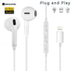 White plug and play wired earphones with a detachable connector and audio controls