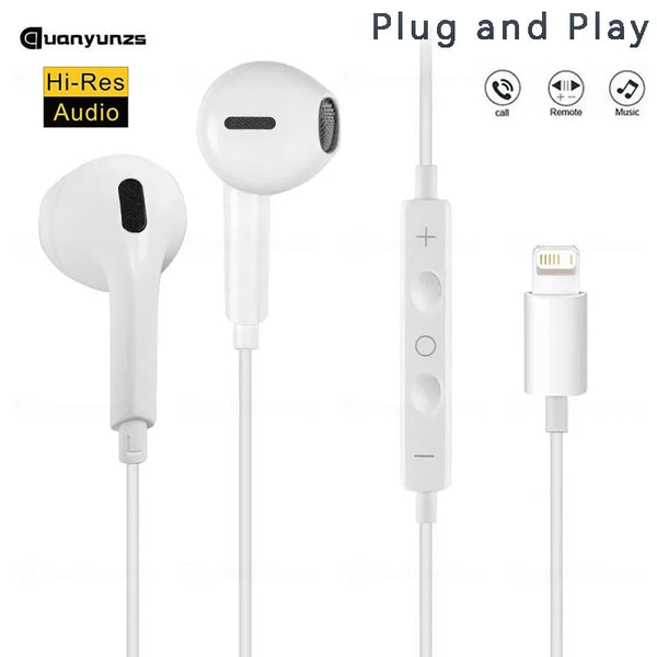 White plug and play wired earphones with a detachable connector and audio controls