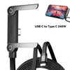 A black USB C to Type C 240W fast charging cable with an integrated stand, shown next to a smartphone.
