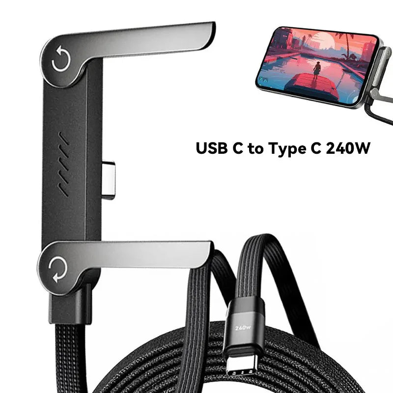 A black USB C to Type C 240W fast charging cable with an integrated stand, shown next to a smartphone.