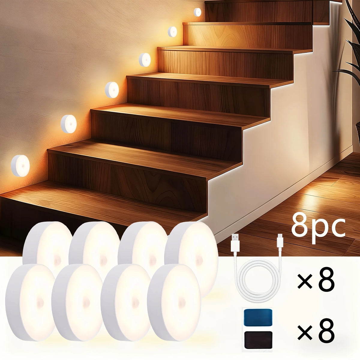 Set of eight motion sensor LED night lights and eight black mounting plates for cabinet lighting.