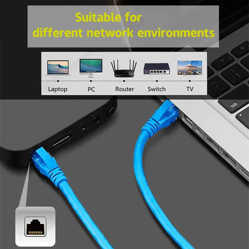 A blue high-speed Cat 6 Ethernet patch cable is shown connected to a device.