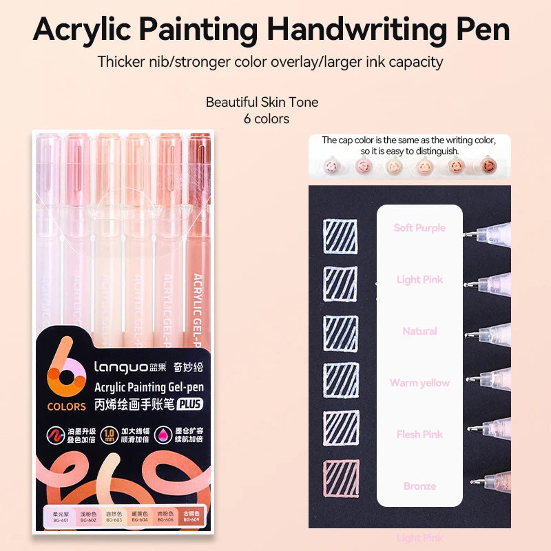A set of acrylic painting handwriting pens in various colors displayed next to a color chart showing shades like soft purple,