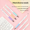 A set of three colored Pilot Juice Up fine point gel pens displayed on a pink background with a white laptop visible.