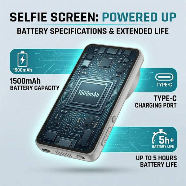 A close-up view of a smartphone with a magnetic selfie screen attached, showing battery specifications and charging port deta
